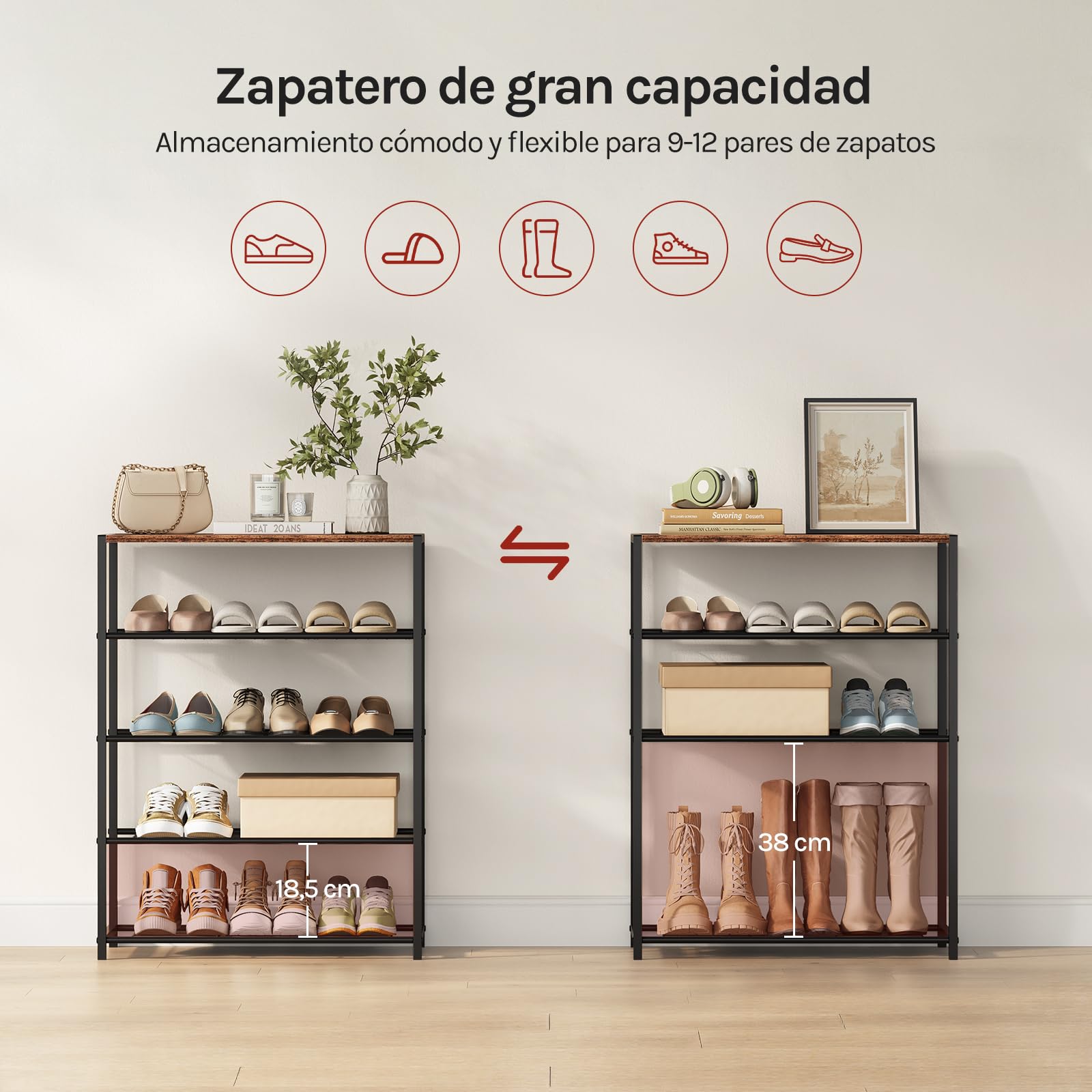 WOLTU Banco para Zapatos, Estante de Zapatos de 4 Niveles de 12 Pares de Zapatos, Marco de Metal, Asiento de Madera, para Recibidor Entrada y Dormitorio