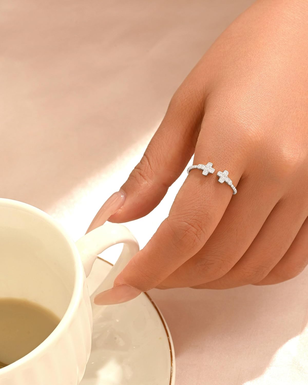 Gold Cross Statement Rings for Women Mom 925 Sterling Silver Dainty Double Crucifix CZ Open Rings 14K Gold Plated Non Tarnish Sideways Cross Faith Ring Stackable Rings Baptism Religious Wedding Jewelry Gifts