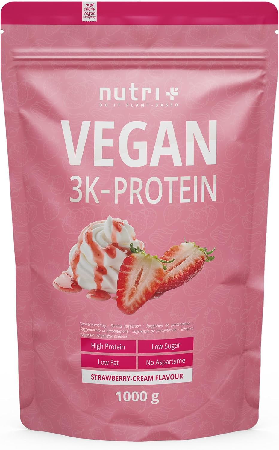Nutri + Vegan Protein Powder Strawberry Cream 1 kg 83% Protein Vegetable Protein Shake Plant-Based