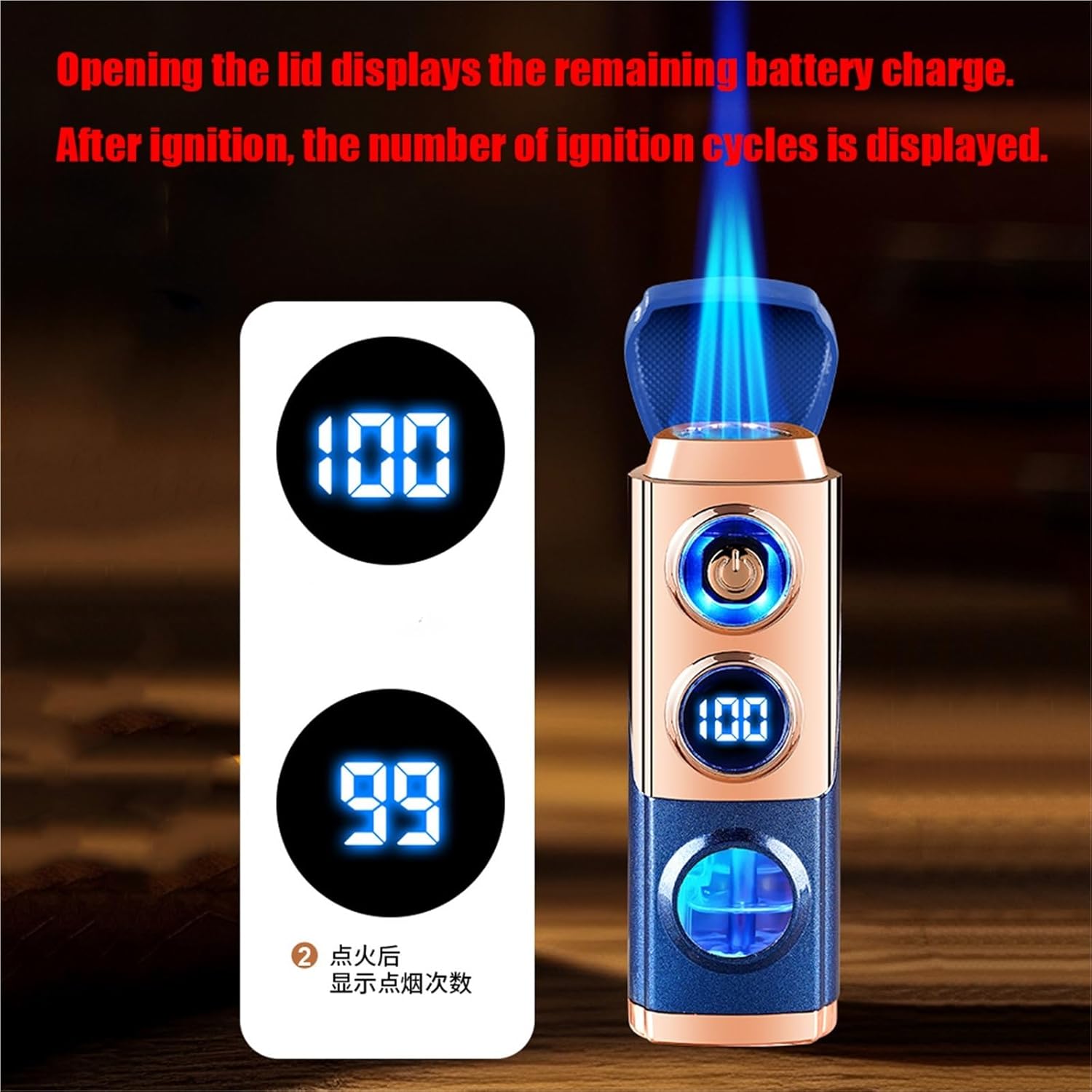 Smart Display Triple Flame Lighter, Triple Jet Flame, Windproof, Transparent air Window, Rechargeable Butane, Adjustable Flame(E)