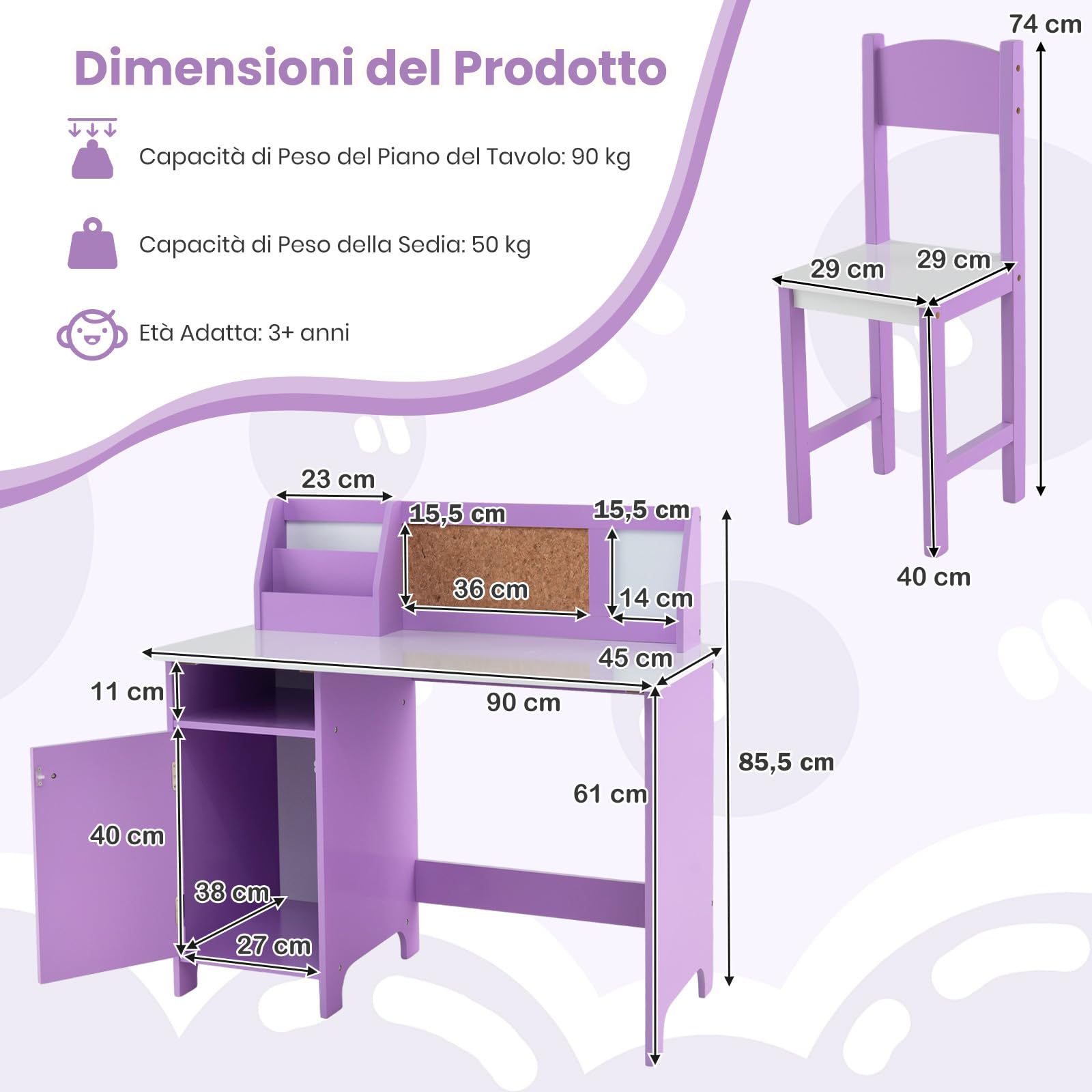 RELAX4LIFE Scrivania per Bambini con Sedia, Tavolo in Legno con Libreria, Armadietto, Pennarello, Bacheca e Lavagna, Postazione Computer per Studenti e Tavolo da Scrittura per 3+ Anni (Viola)