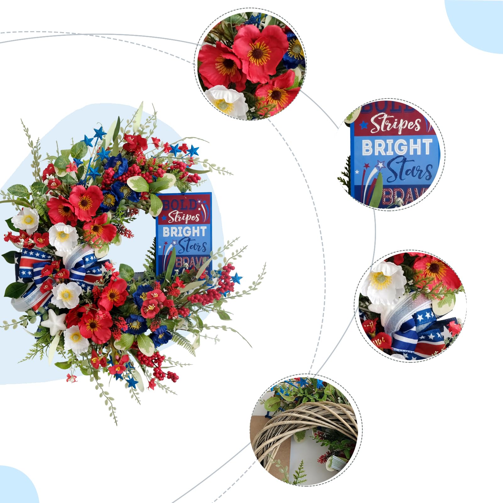 Couronne patriotique fabriquée à la main pour porte d'entrée – Couronne du 4 juillet avec coquelicots en soie, étoiles en métal et nœud superposé, décoration d'intérieur et d'extérieur