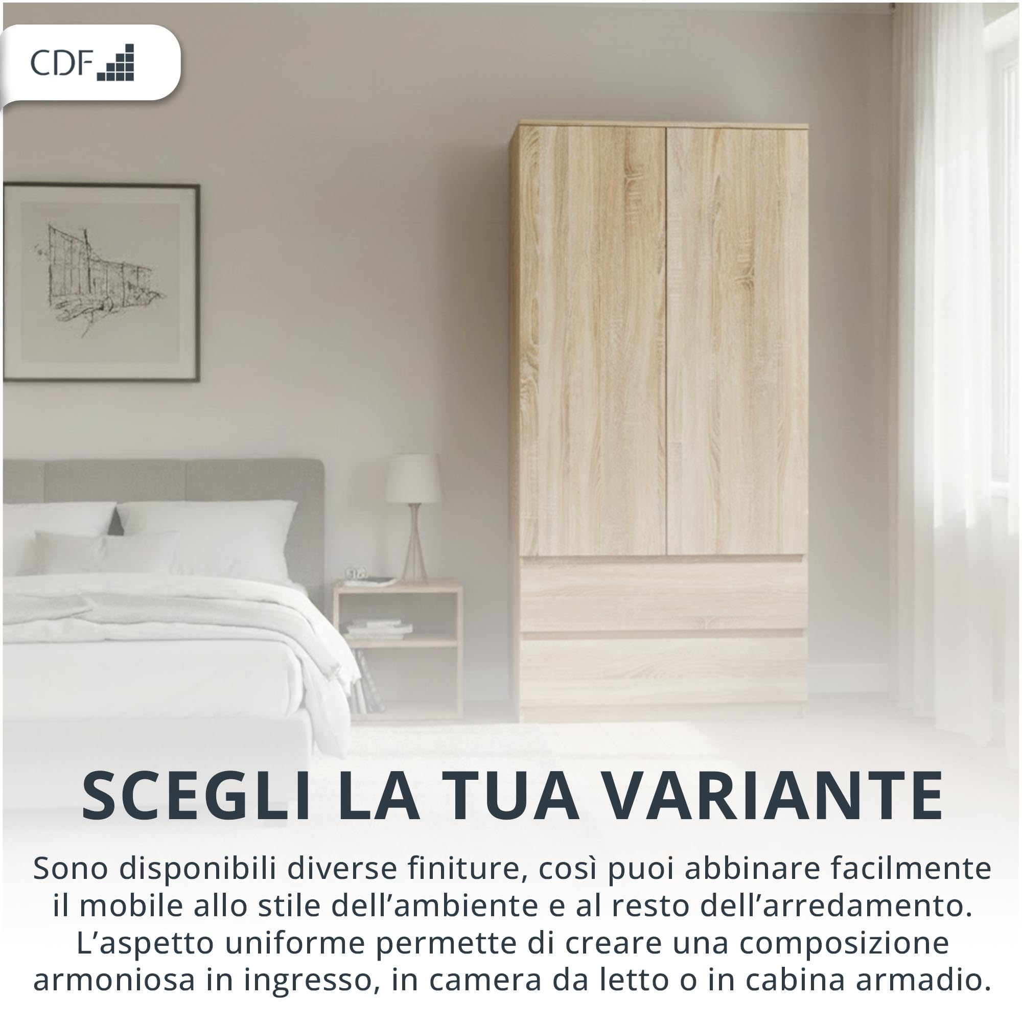 CDF Armadio Camera da Letto 90 cm 2 Ante 2 Cassetti Rovere Sonoma