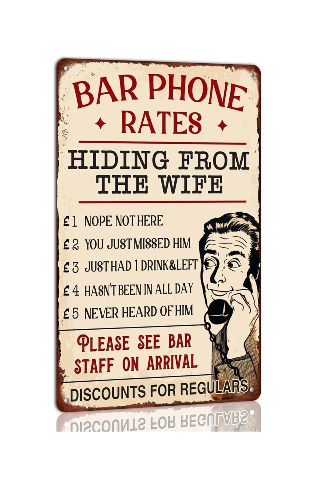 IDGTTLDF Bar Phone Rates Hiding from the Wife Funny Vintage Metal Tin Sign Humor Bar Wall Decor for Man Cave Home Office Garage Pub 8 X 12 inch