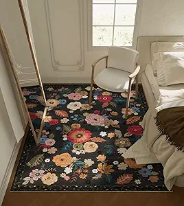 4x6 Bedroom Area Rug Washable: Entry Throw Rug Stain Resistant Floral Rug Non Slip Low Pile Small Carpet for Bedroom Kitchen Entryway Living Room Bedside Office Dorm Kids Room