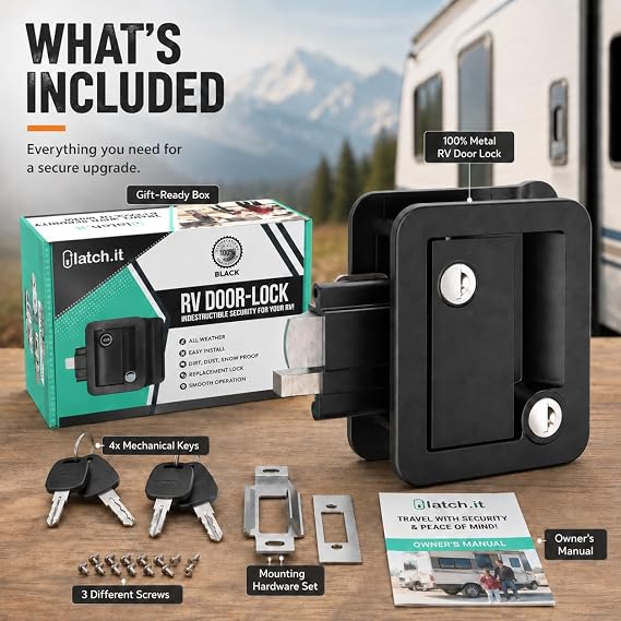 LATCH.IT Black RV Door Latch | RV Door Locks for Travel Trailers | Travel Trailer Door Latch | 100% Metal Camper Door Lock 4 Camper Keys | Trailer Door Lock Only Fits 2.75x3.75 Door Lock Hole