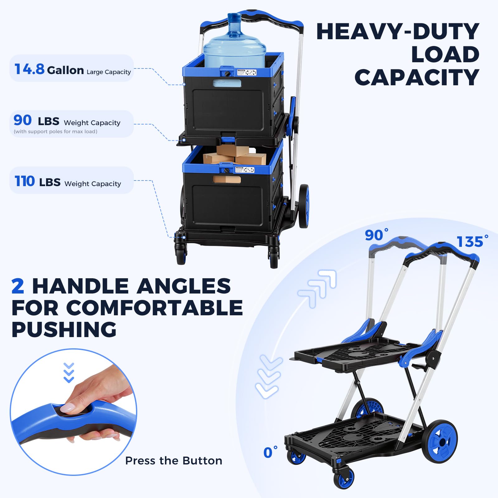 Carrito de compras plegable con ruedas, capacidad de 200 libras, carrito de comestibles con ruedas con caja de almacenamiento, carretilla de mano de plataforma con freno de pie