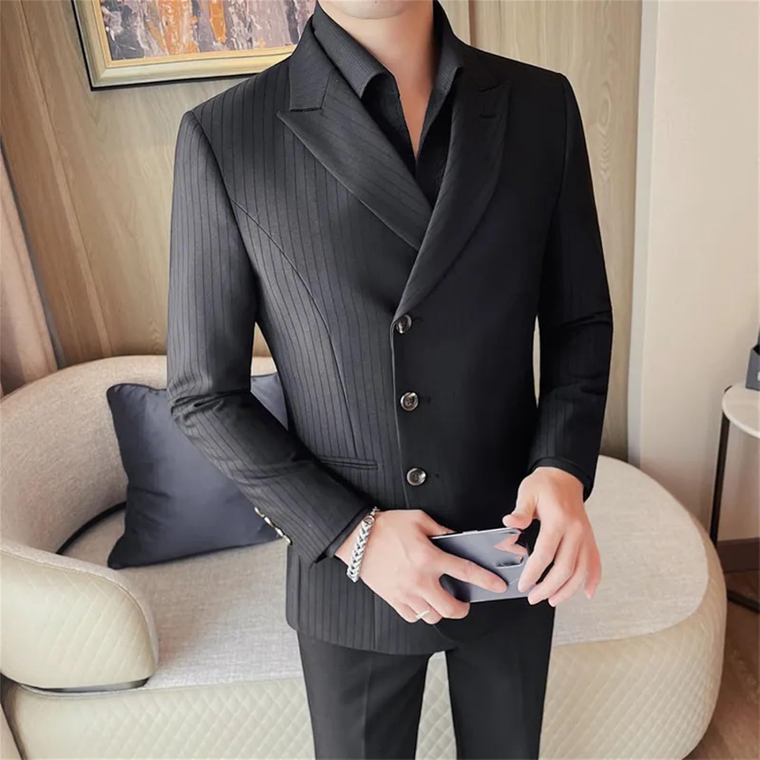 Men's plus Size Single-Breasted 3-Button Striped Blazers Formal Business Suit Jacket with Center