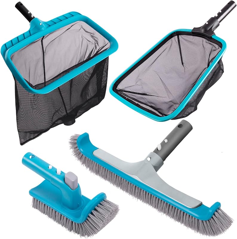 4-Piece Pool Cleaning Kit, 17.5" Curved Wall Brush, Rotatable Hand Scrubber, Deep Bag Leaf Rake and Flat Skimmer Net (Pole Not Included) for Above Ground and Inground Pools