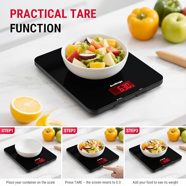 ACCUWEIGHT 201 Digital Kitchen Scales with Tempered Glass Platform (Batteries included), Electronic Weighing Food Scale with Backlit LCD, Multifunction for Office School Home Baking Cooking, 5kg/11lb - 4