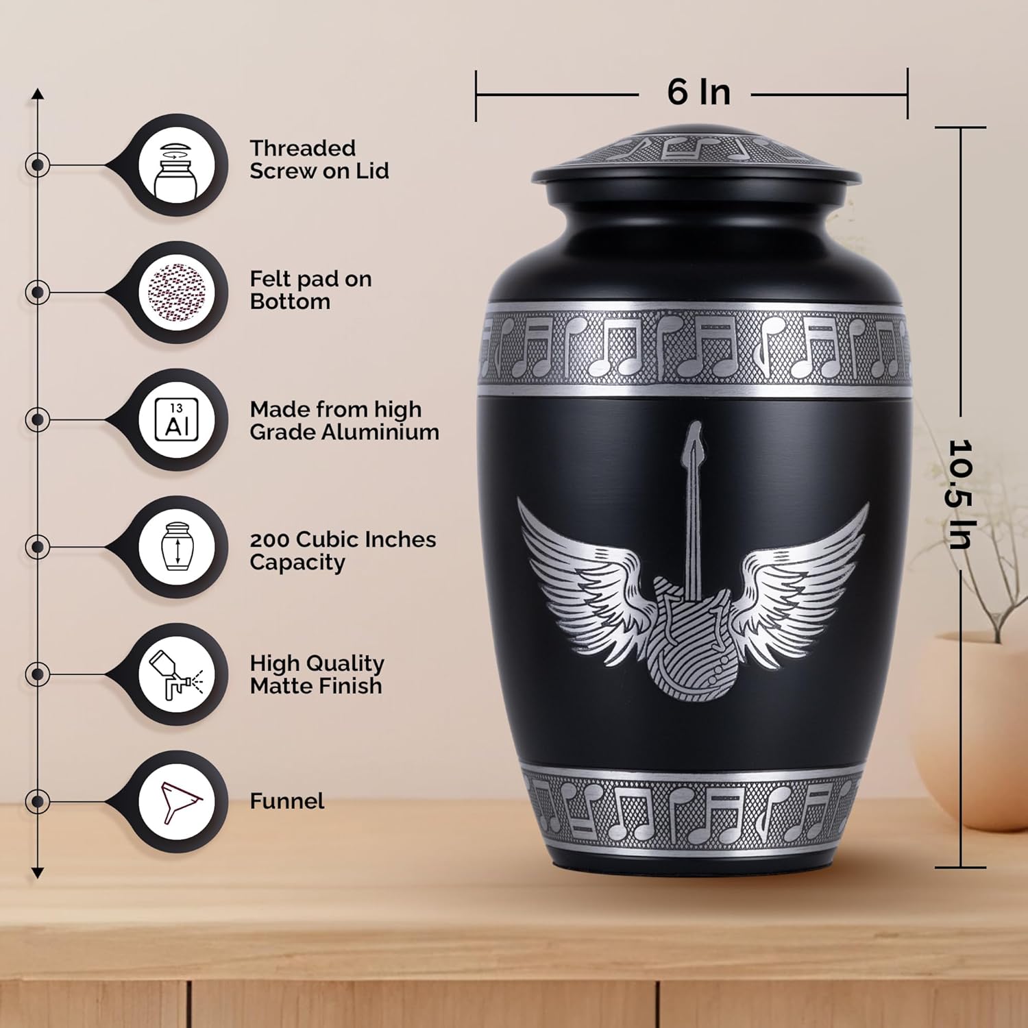 Black Guitar Wings Cremation Urn for Human Ashes – Large Adult Aluminum Memorial Funeral Burial Urn for Men & Women, Decorative Music Tribute for Home Display
