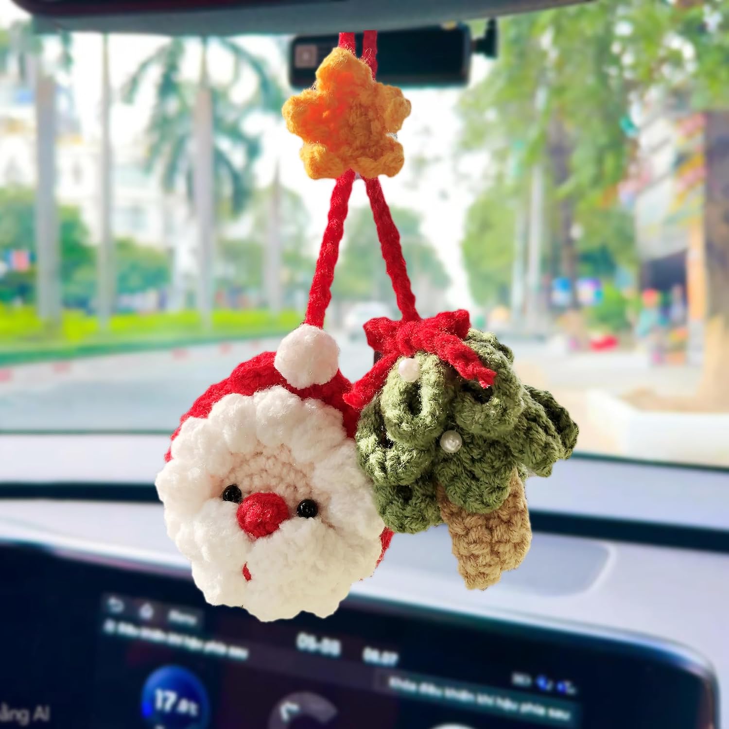 Cute Crochet Cherry Blossom Hanging Plant for Car Accessories, Aesthetic Decor Rear View Mirror Hanging Ornament for Women and Men, Handmade Cute Car Interior Decor Accessories Gift