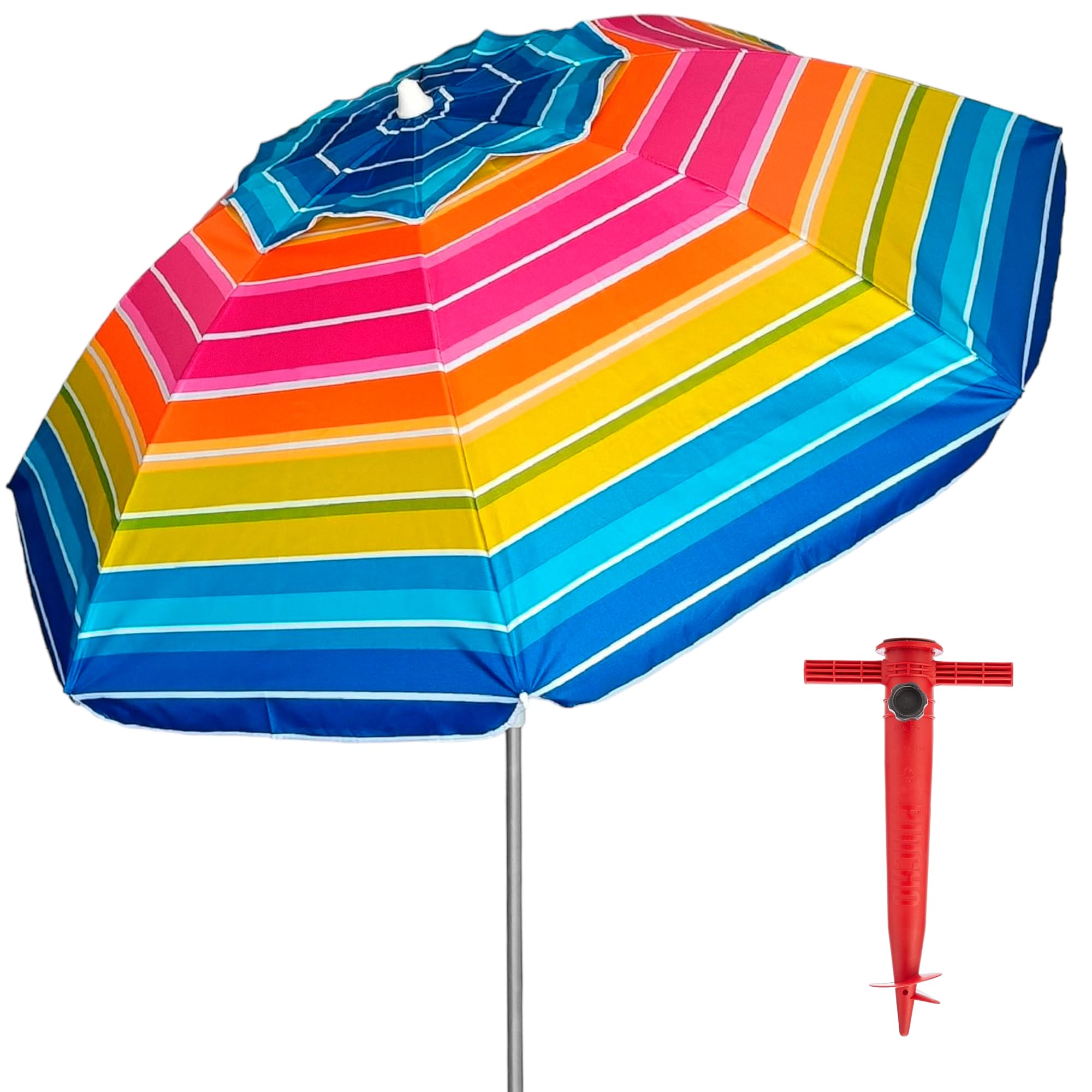 Pincho Sombrilla Playa Grande 220cm, Antiviento hasta 35km/h, Proteccion UV50+, Aluminio, 8+8 Varillas de Fibra, Ventana Superior, Inclinable, Ligera, Bolsa Transporte