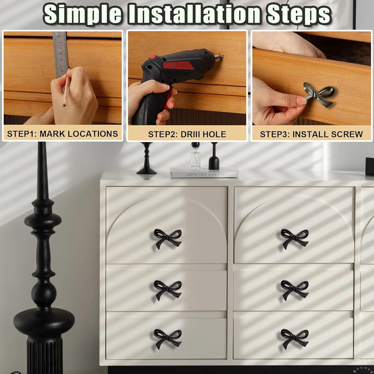 Black Bow Storage Cabinet Knobs Vintage Bow Shape Drawer Pulls with Screws Bow Tie Dresser Knobs Bow Shaped Drawer Cupboard Pulls Suitable for Wardrobe Drawers Storage Cabinets Bookcases (8Pcs-Black)