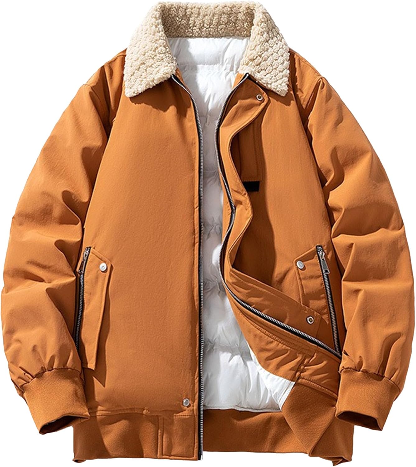 Men Thicken Plush Lapel Cotton-Padded Jacket Outdoor Long-Sleeved Zipper Outerwear Winter Loose Sport Down Coat