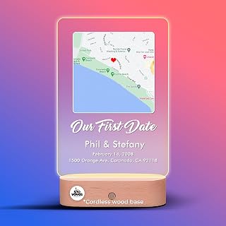 Our First Date Map Plaque with Wood Stand, Personalized Light Up Glass LED Picture Frame, Custom Plaque for Room Decor for Men, Women, Valentines Day Gift for Her Him (Place We Met Ver 1)