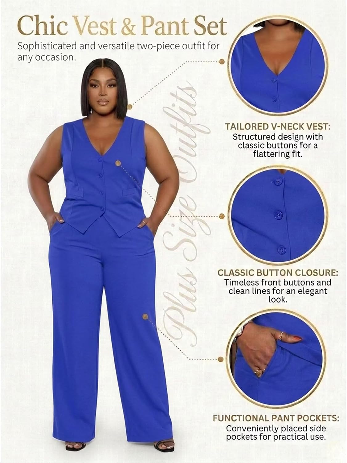 CXXQ Women's Plus Size Pant Suits 2 Piece Outfits Button Vest Blazer Pockets Wide Leg Pants Sets Casual Pantsuits