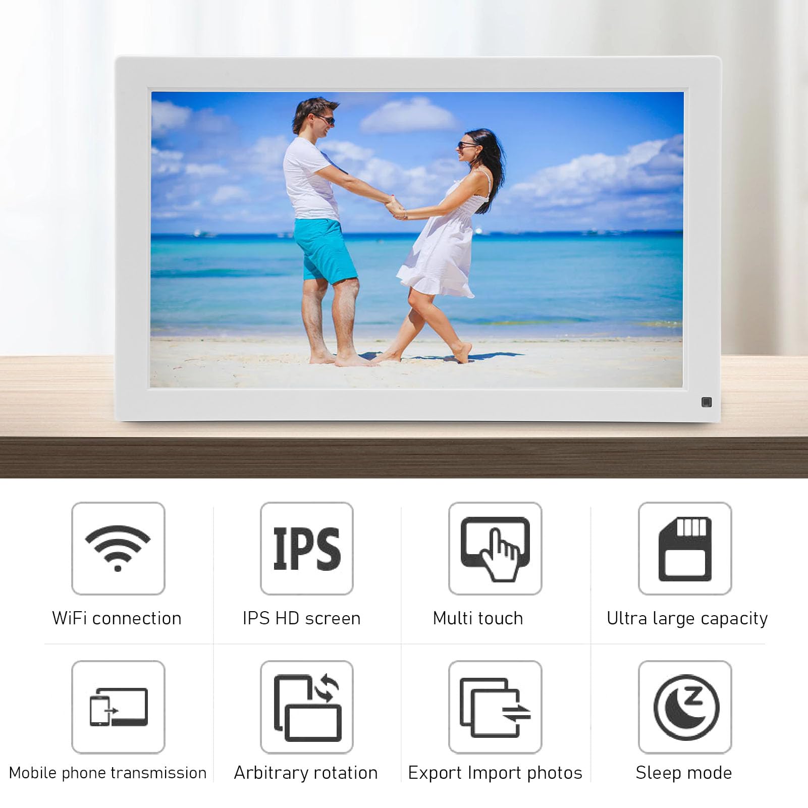 15,6 Inch WiFi Digitale Fotolijst, 1080x1920 HD IPS Touchscreen Fotolijst Elektronisch, Automatisch Draaien, Deel Foto's Video's Direct Via de Frameo- app Vanaf Elke Locatie