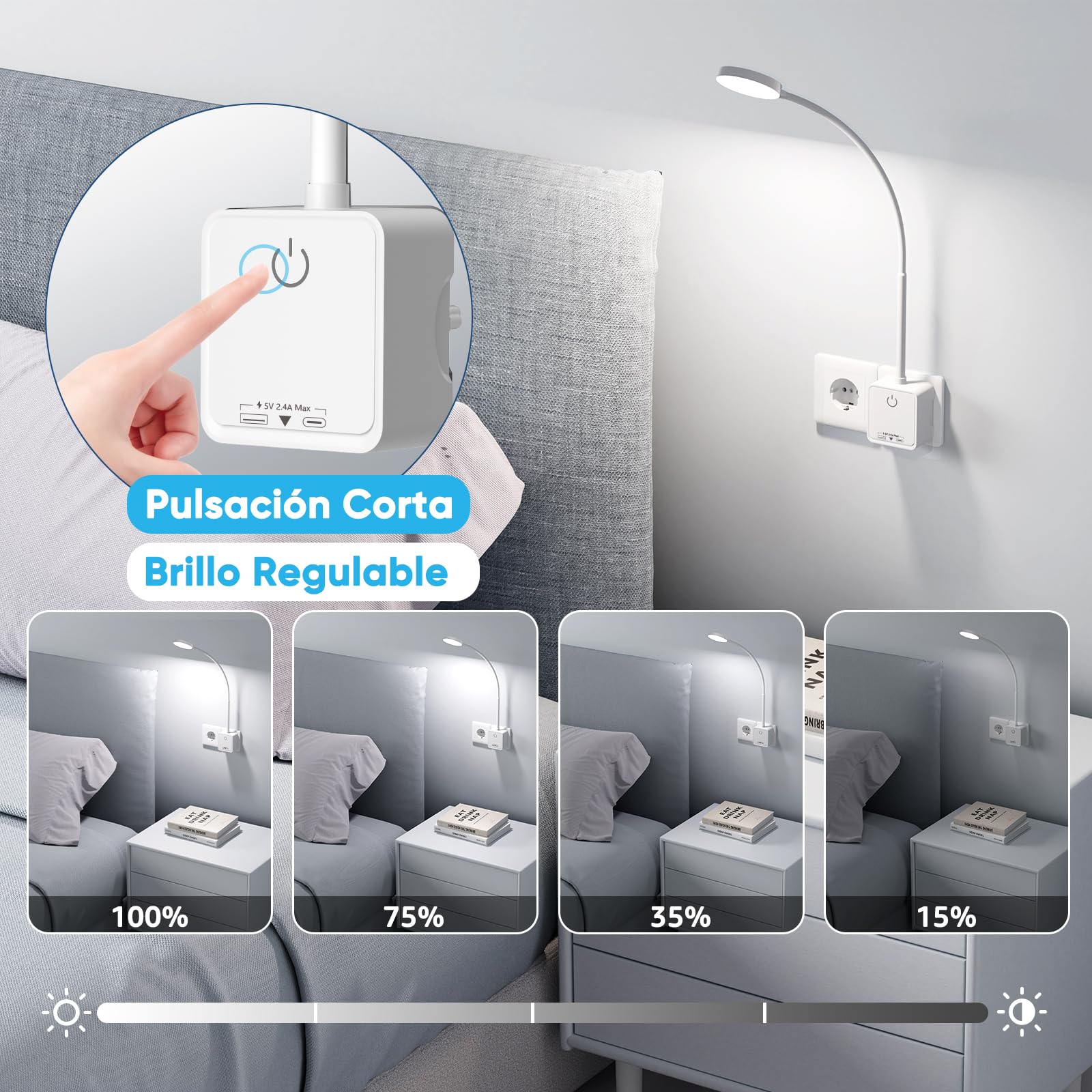Lampara de Lectura Aplique Mesita de Noche Pared LED Interior con Enchufe, Interruptor Táctil Regulable, 3 Color de Luz, Amplio Angulo Iluminación 110°, Puertos de Salida USB