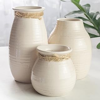 White Vases for Decor - Rustic Home Decor, Modern Farmhouse Decorations - Ceramic Vase for Fireplace Decor - Vases for Flo...