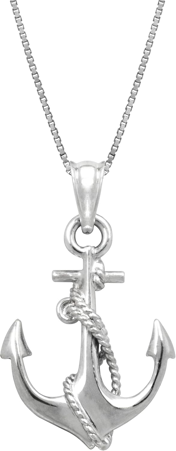 Honolulu Jewelry Company Sterling Silver Ship Anchor and Rope Nautical Necklace Pendant with 18" Box Chain