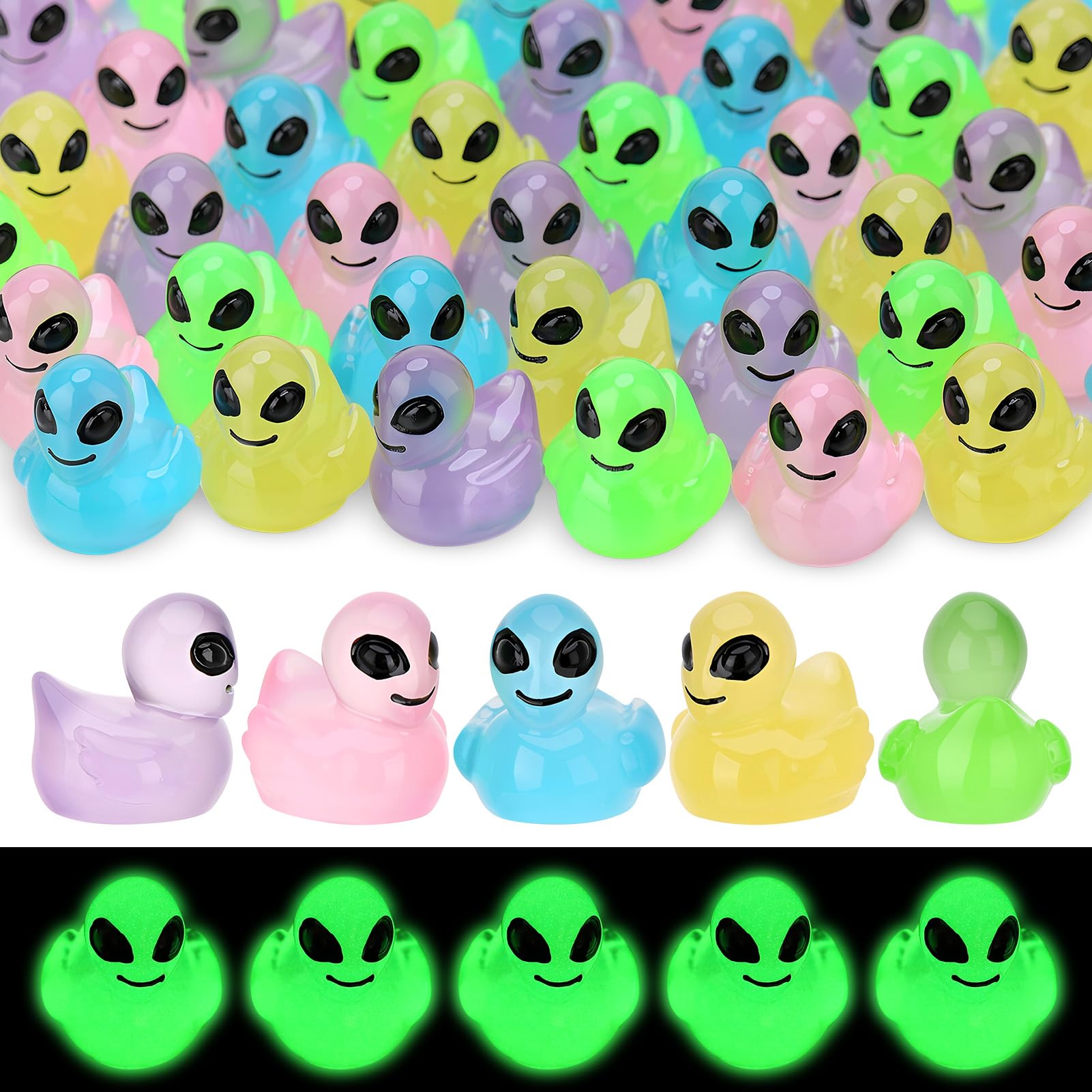 CHUOZI 50 Pcs Mini Alien Figures Glow in The Dark, Tiny Ducks, Resin Figurines in Bulk, Little for Space Party Favors Halloween Prank (Green)