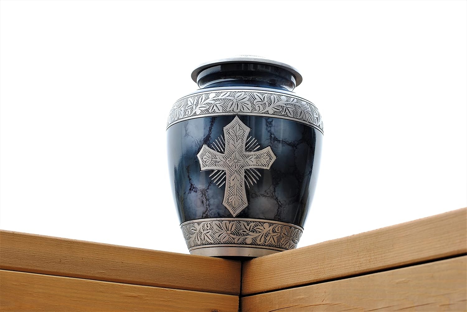 Today's A Gift The Relic Holy Cross Cremation Urn, Large Blue Memorial Urn for Human Ashes, Handcrafted Sapphire Funeral Urn with Engraved Cross, Adult Urn with Secure Lid & Velvet Bag (9 Inches)