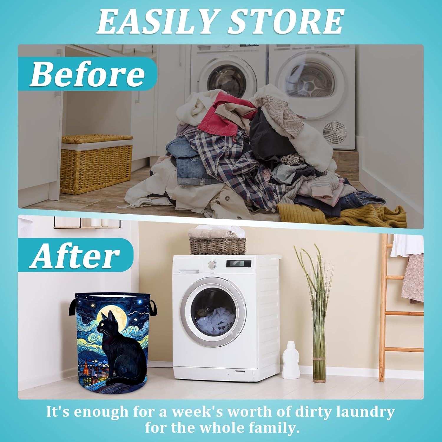 Starry Night Cat Laundry Basket, Foldable Waterproof Oxford Cloth Moon Laundry Hamper Funny Tote Bag Dirty Clothes Storage Bucket Toy Organizer for Bathroom/Laundry/Bedroom 15.7"x19.6"