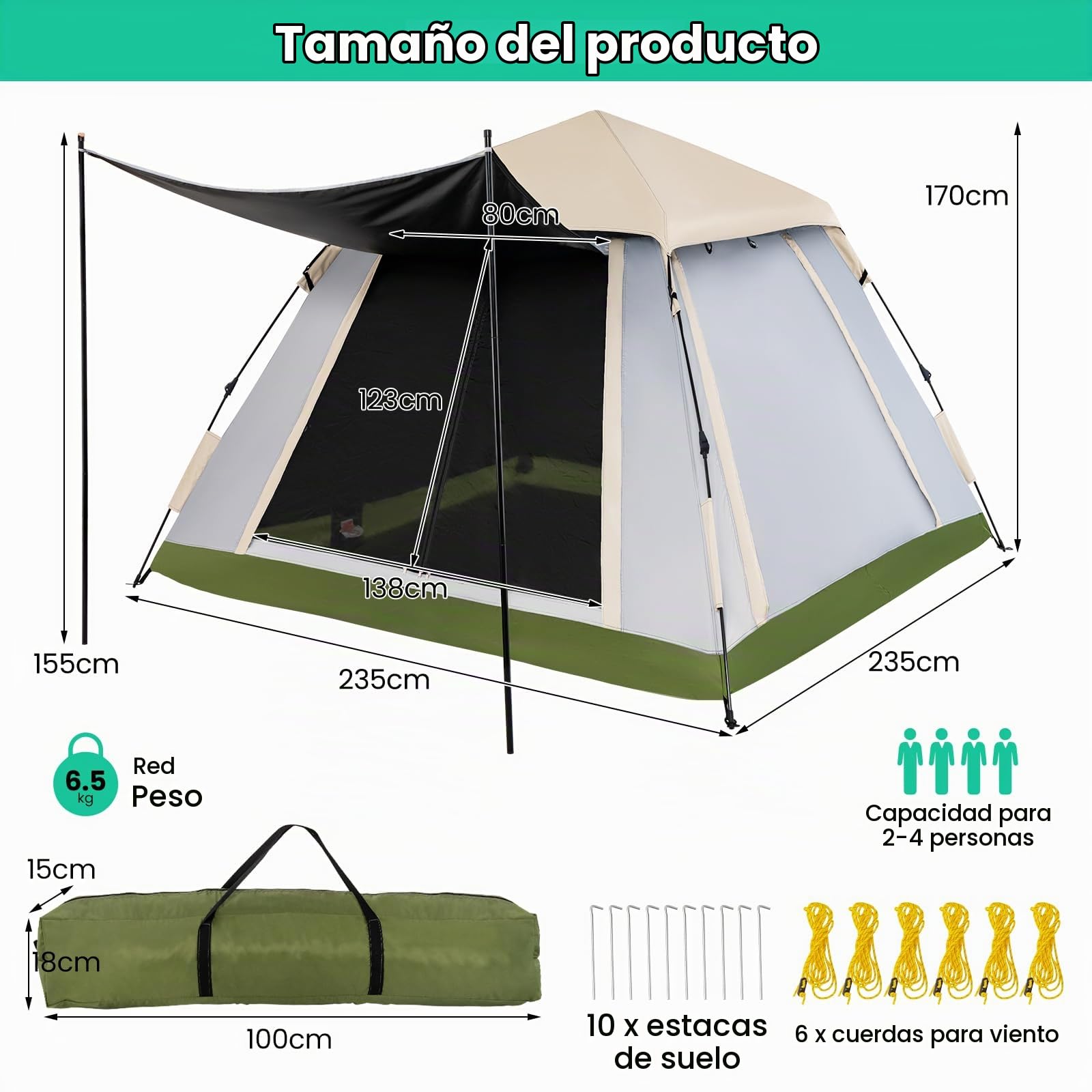 GOPLUS Tienda de Campaña Pop-up para 2-4 Personas, Tent Instantánea para Playa, Impermeable 2000 mm, Tela Oxford y Varilla de Fibra de Vidrio, Protección 50+ para Camping Pesca, 235 x 235x170 cm