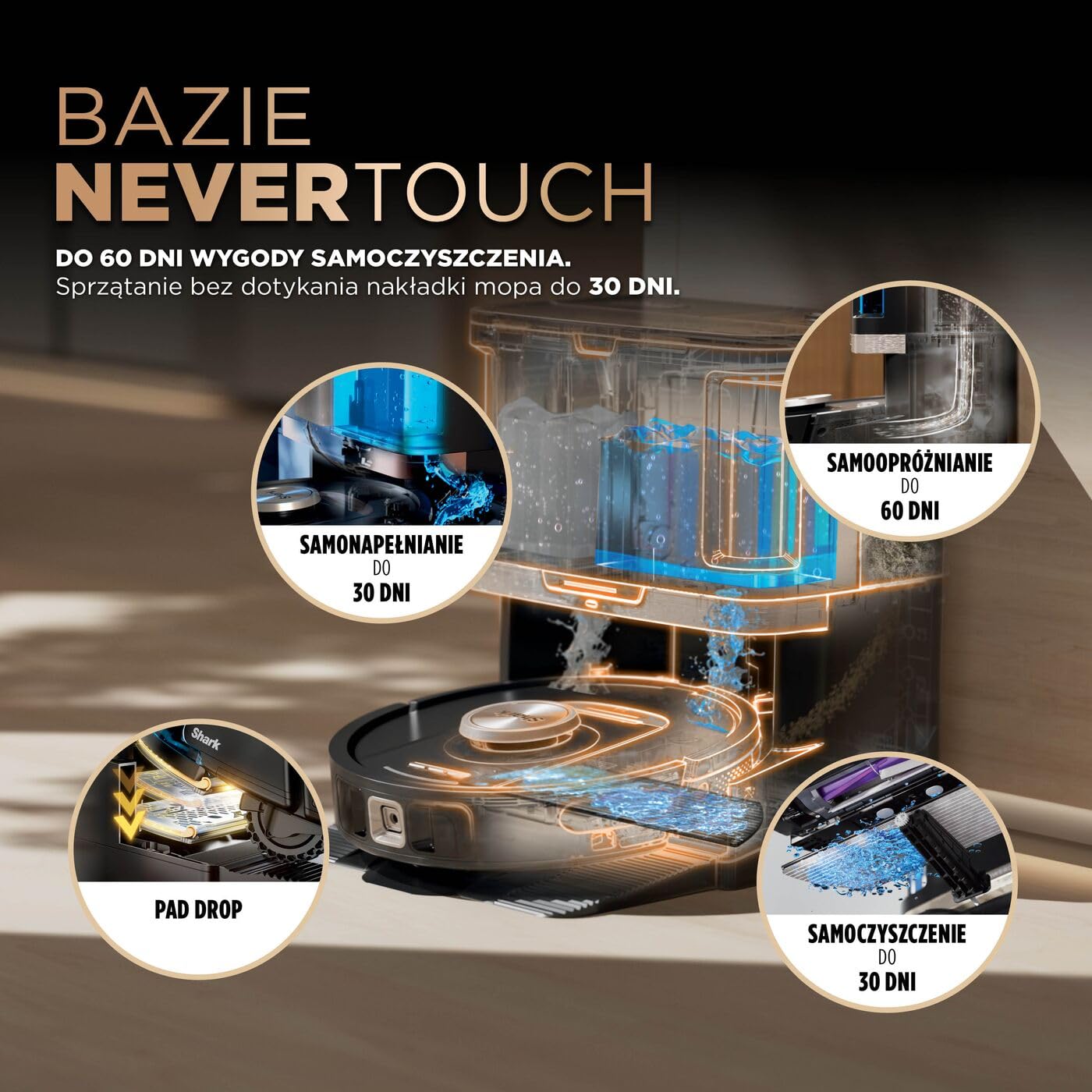 Shark PowerDetect Robot odkurzająco-mopujący 2 w 1, automatyczne opróżnianie, napełnianie i czyszczenie NeverTouch Pro (60 dni), 3D i LiDAR, NeverStuck, WiFi/aplikacja, czarny, RV2800ZEEU