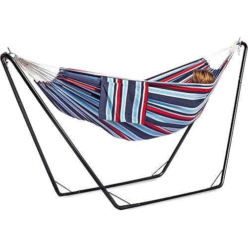 Double Hammock with Stand for Outside, Stable V-Shape Space Saving Steel Stand 2 Person, Comfortable Pillow & Convenient Side Pocket, Indoor & Outdoor, Max 450 lbs Capacity (Abyss)