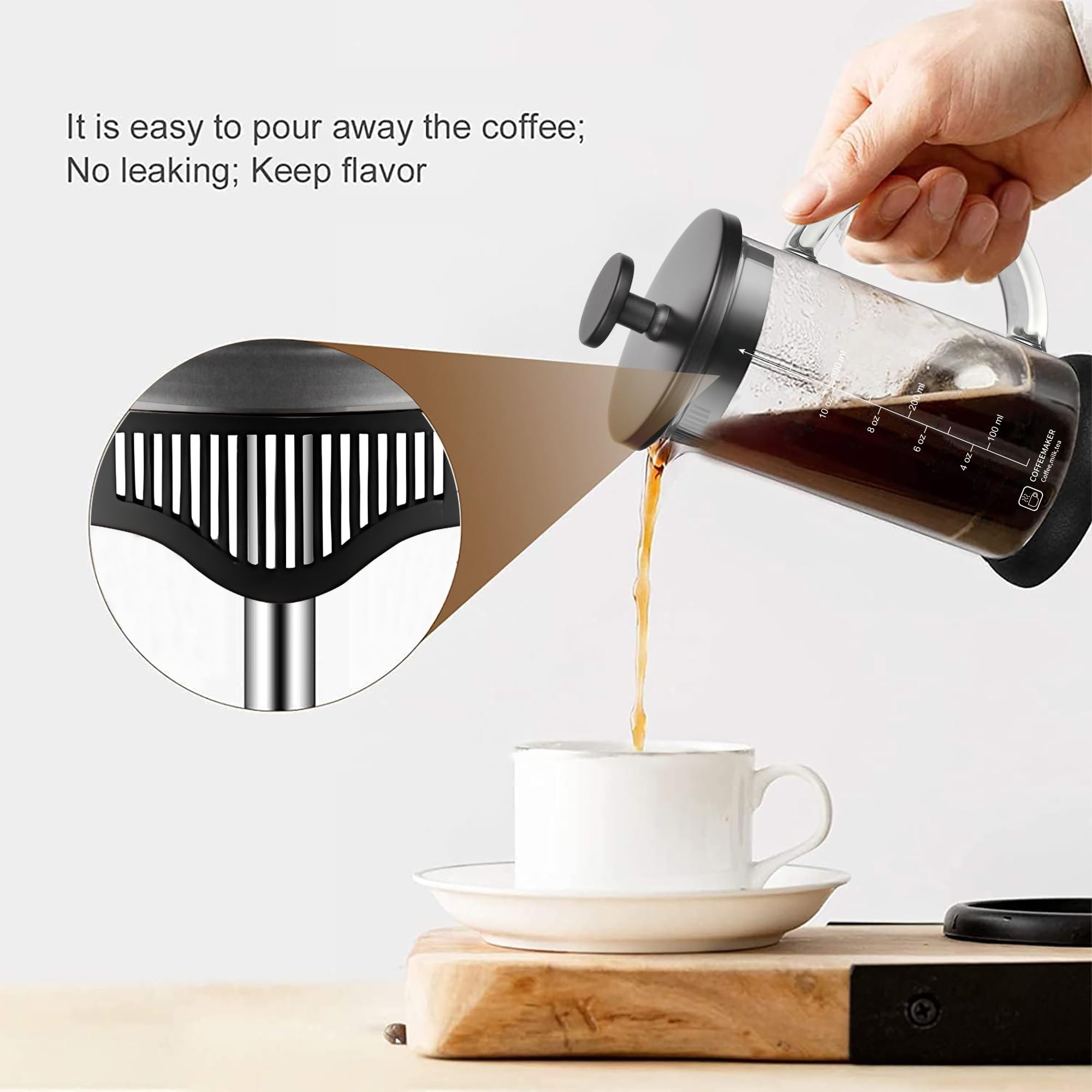 YMMIND Cafetera de prensa francesa de 12 onzas con sistema de 4 filtros, émbolo de acero inoxidable y vidrio de borosilicato resistente al calor, sin BPA, tetera preparada