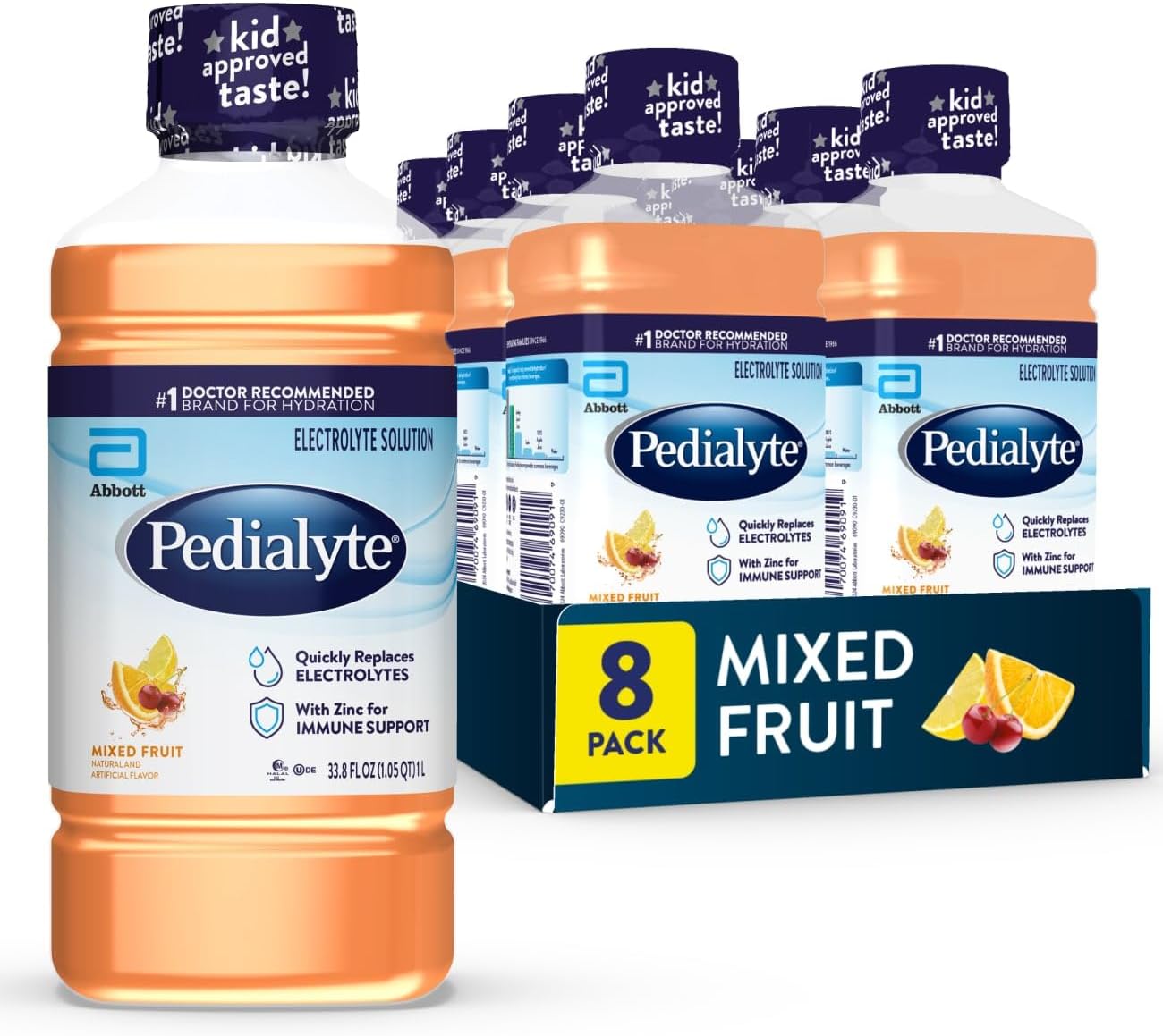 Pedialyte Electrolyte Solution, Hydration Drink, Mixed Fruit, 1 Liter, 8 Count