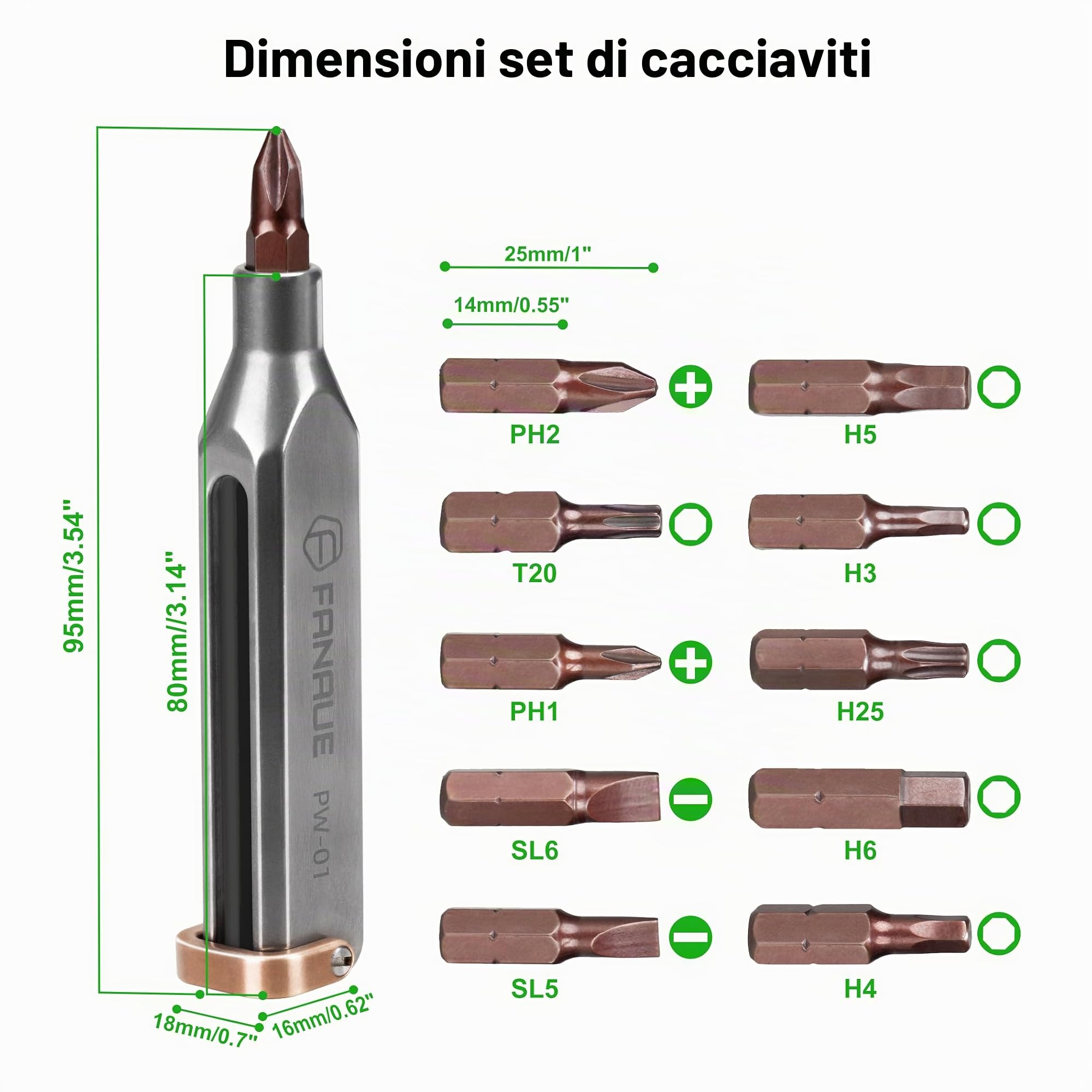 FANAUE Cacciavite tascabile piccolo EDC in titanio, kit di strumenti di riparazione magnetica di grado professionale, 10 in 1, mini cacciavite di precisione, set di attrezzi magnetici per riparazione
