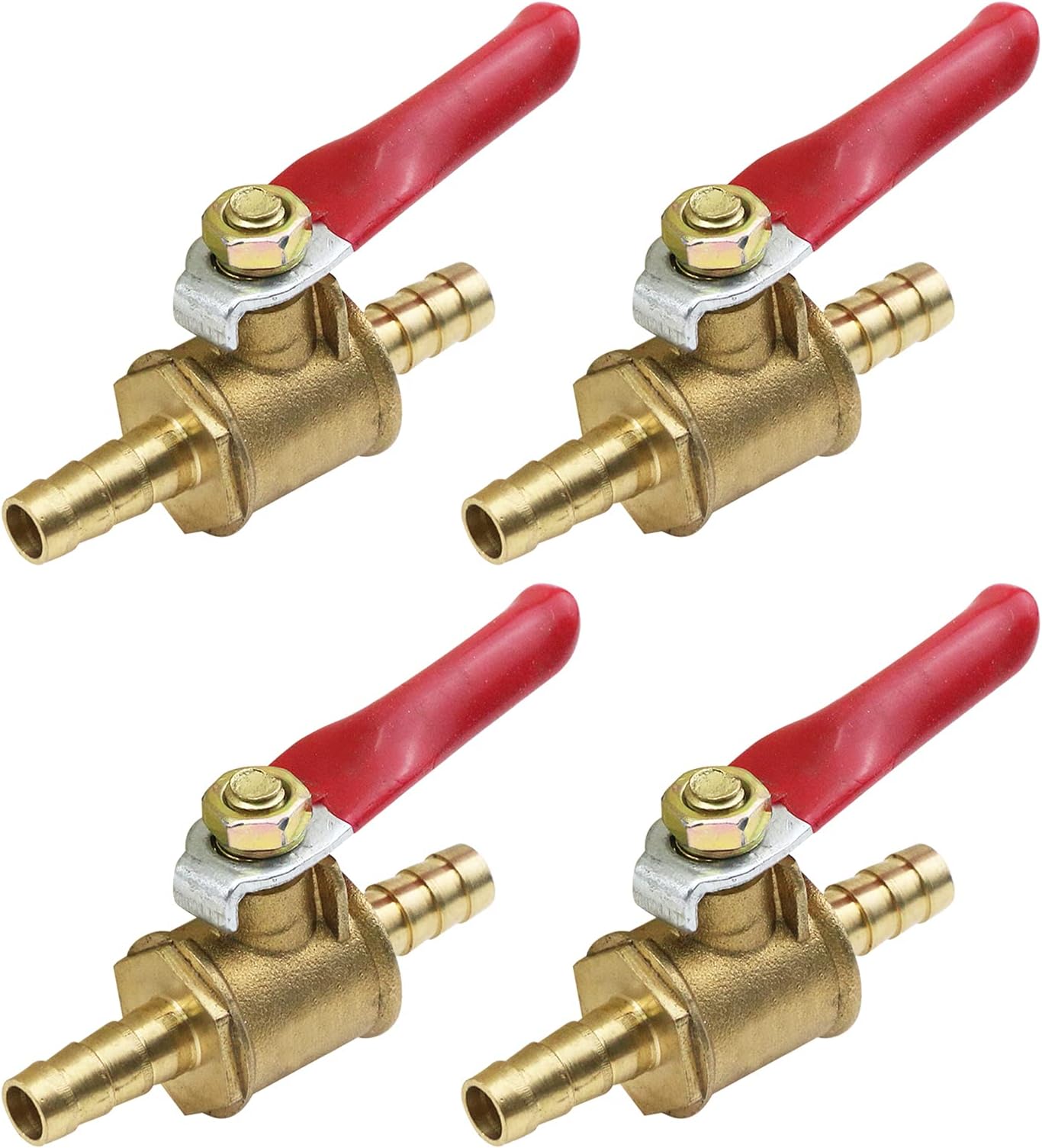Antrader 4 Pcs Forged Brass Ball Valve Mini Shut Off Switch, 1/4" Hose Barb x 1/4" Hose Barb, 180 Degree Operation Handle
