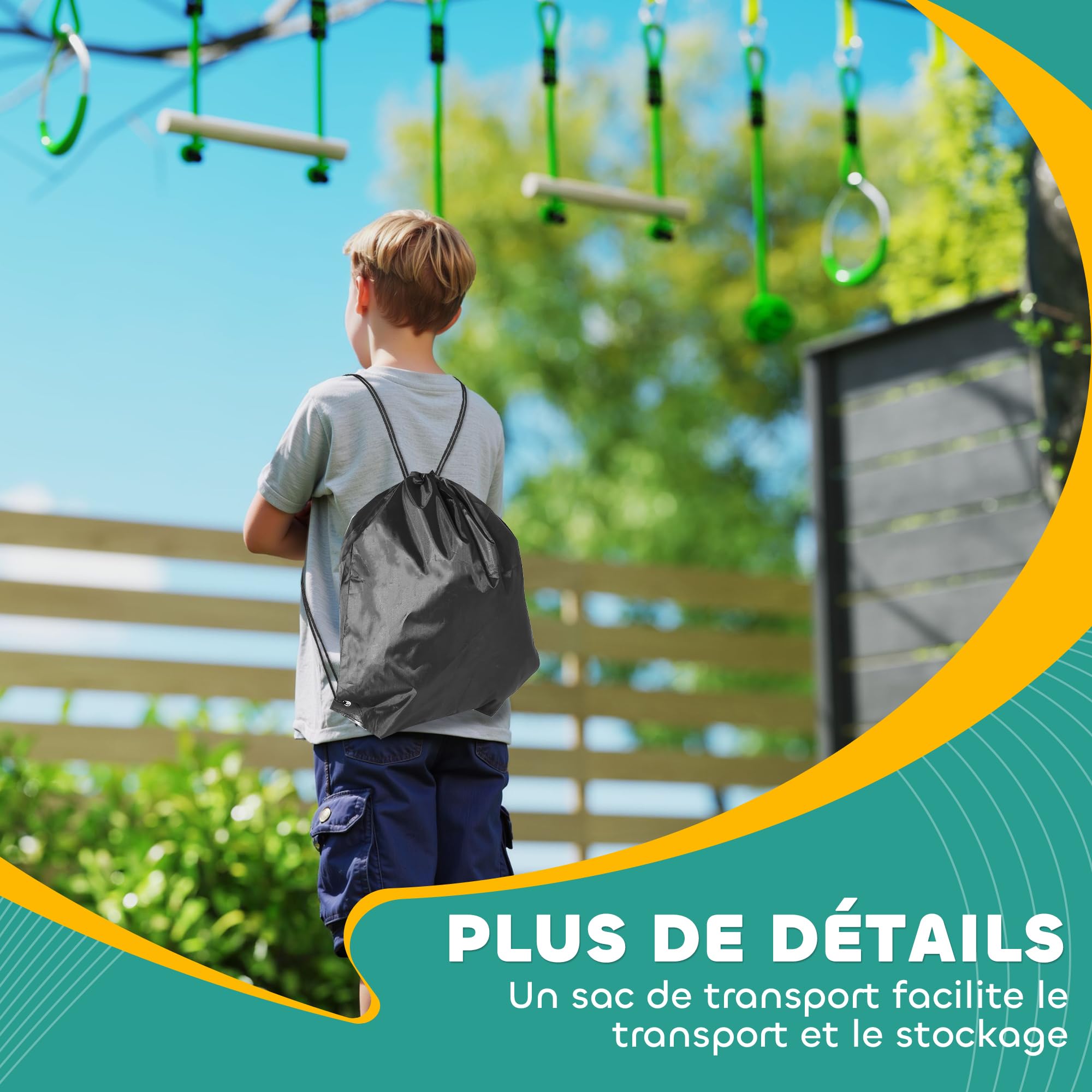 AIYAPLAY Parcours d'obstacles Ninja pour Enfants 10 m Charge 50 kg Slackline et Sac de Transport, équipement de Jeu extérieur pour Filles et garçons, Installation Facile, Bois de Sapin et PP, Vert