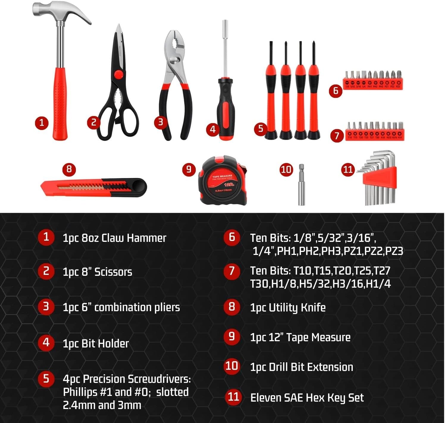 Flexzion 39 Piece Hand Tool Kits with Case - Compact Tool Kit for Handyman, Homeowners DIY - Household Tool Kit for Home with Portable Basic Tool Set Case, Red