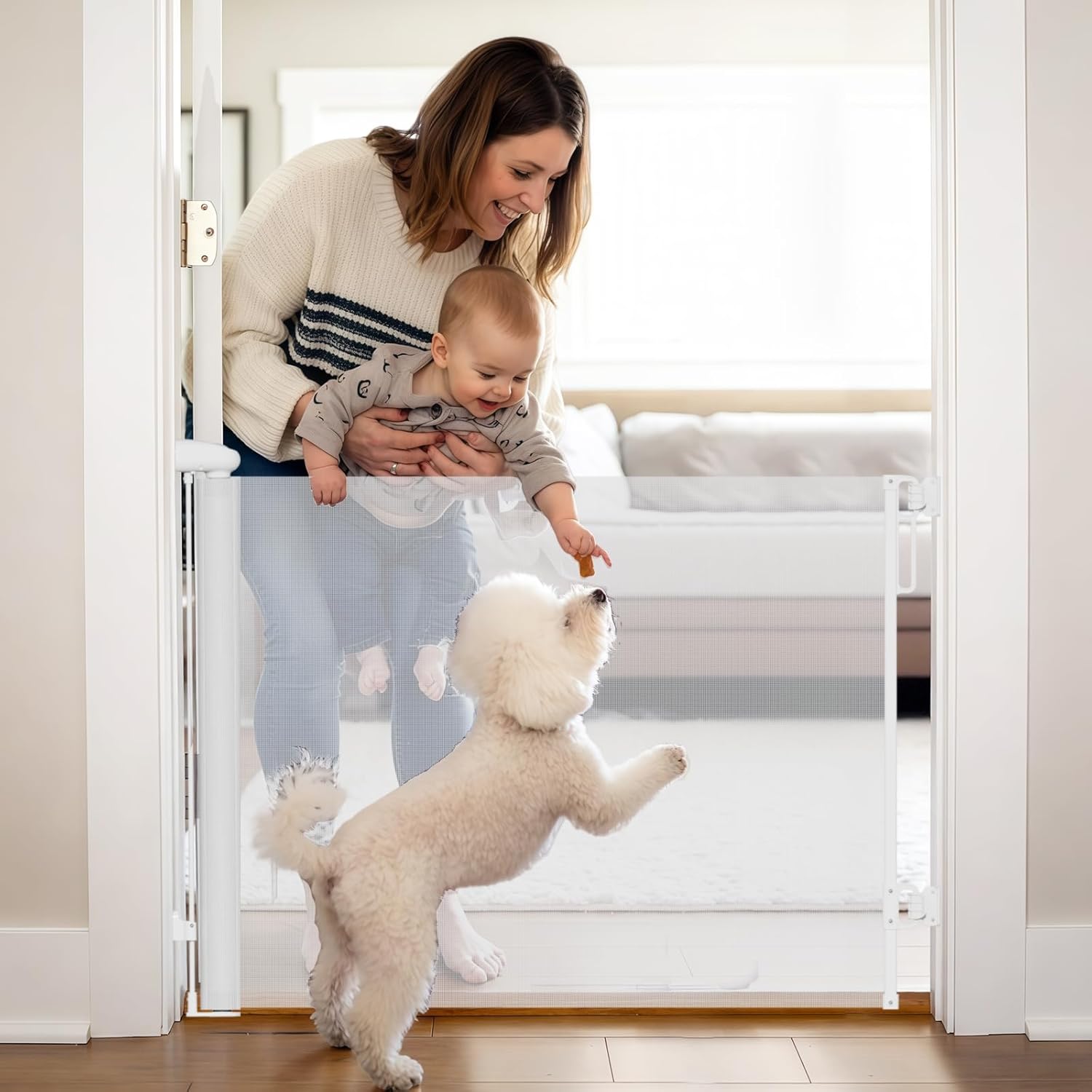 Baby Gate for Stairs Doorways No Drilling Adhesive Dog Gate Indoor Dual Lock ，180°Rotation Child Gate Extra Wide Safety Mesh Retractable Roll Up Baby Gate Pet Gate(Up to 71 Inches)