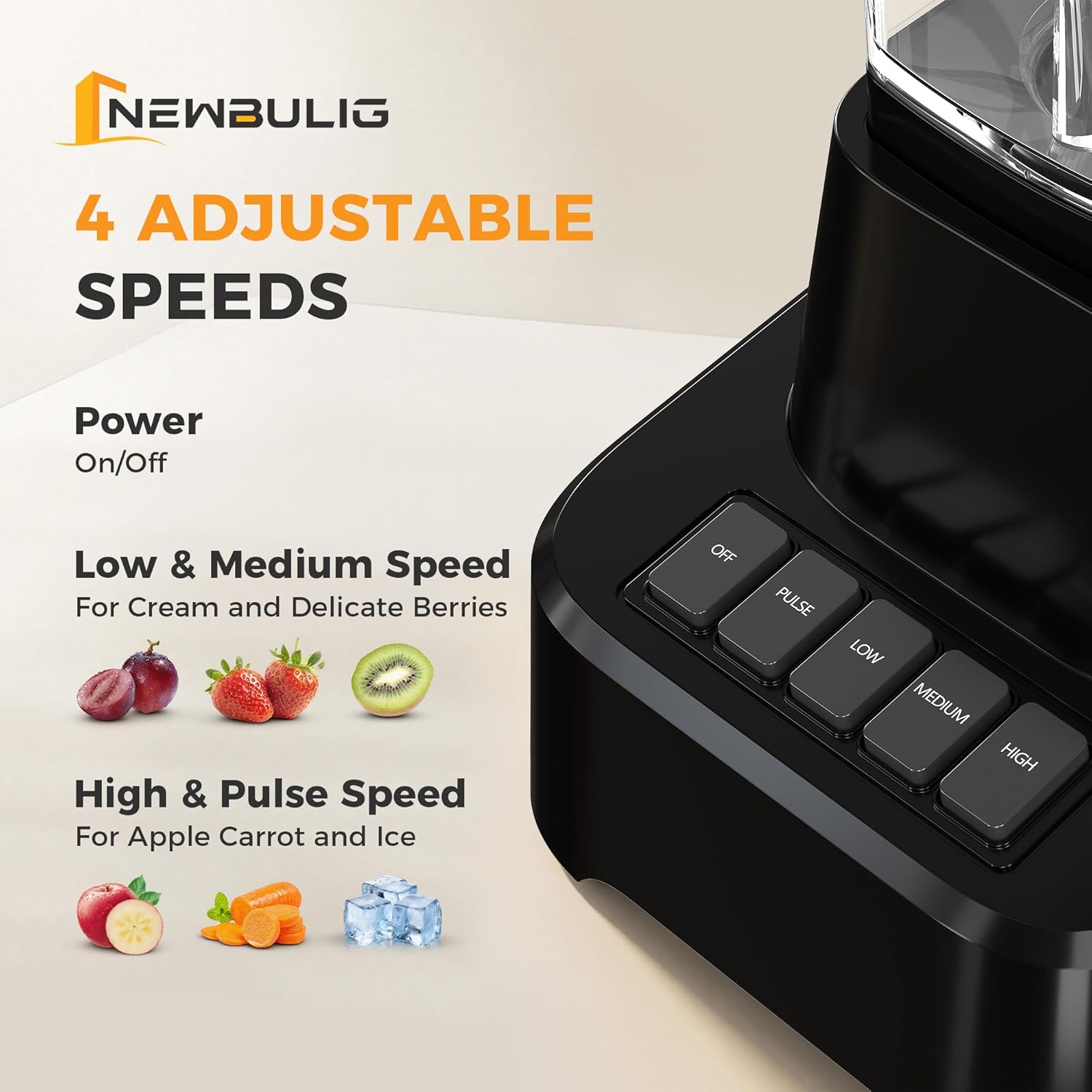 NEWBULIG Professional Blender for Smoothies, Full-Size Kitchen Blender with 850 Peak Watts & 54oz Large Glass Pitcher, 4 Speeds with Pulse for Ice Crushing Frozen Fruits, Dishwasher Safe, Black