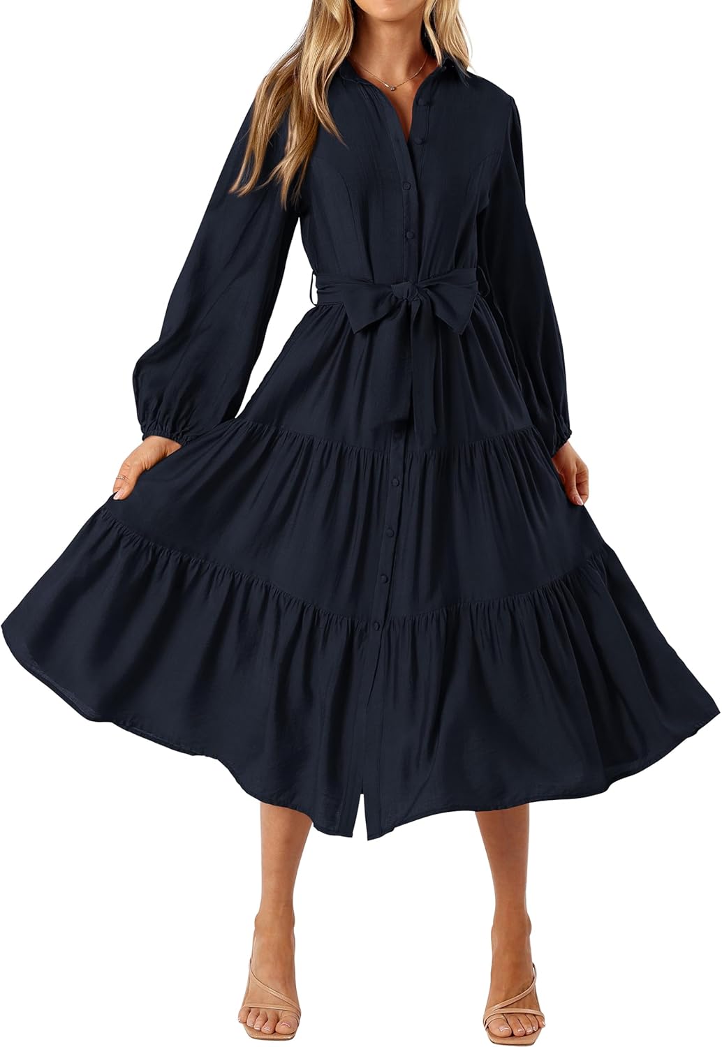 MASCOMODA Womens Dresses 2025 Fall Long Sleeve Midi Dress Casual V Neck Button Down Tiered Flowy Aline Tie Waist Shirt Dress