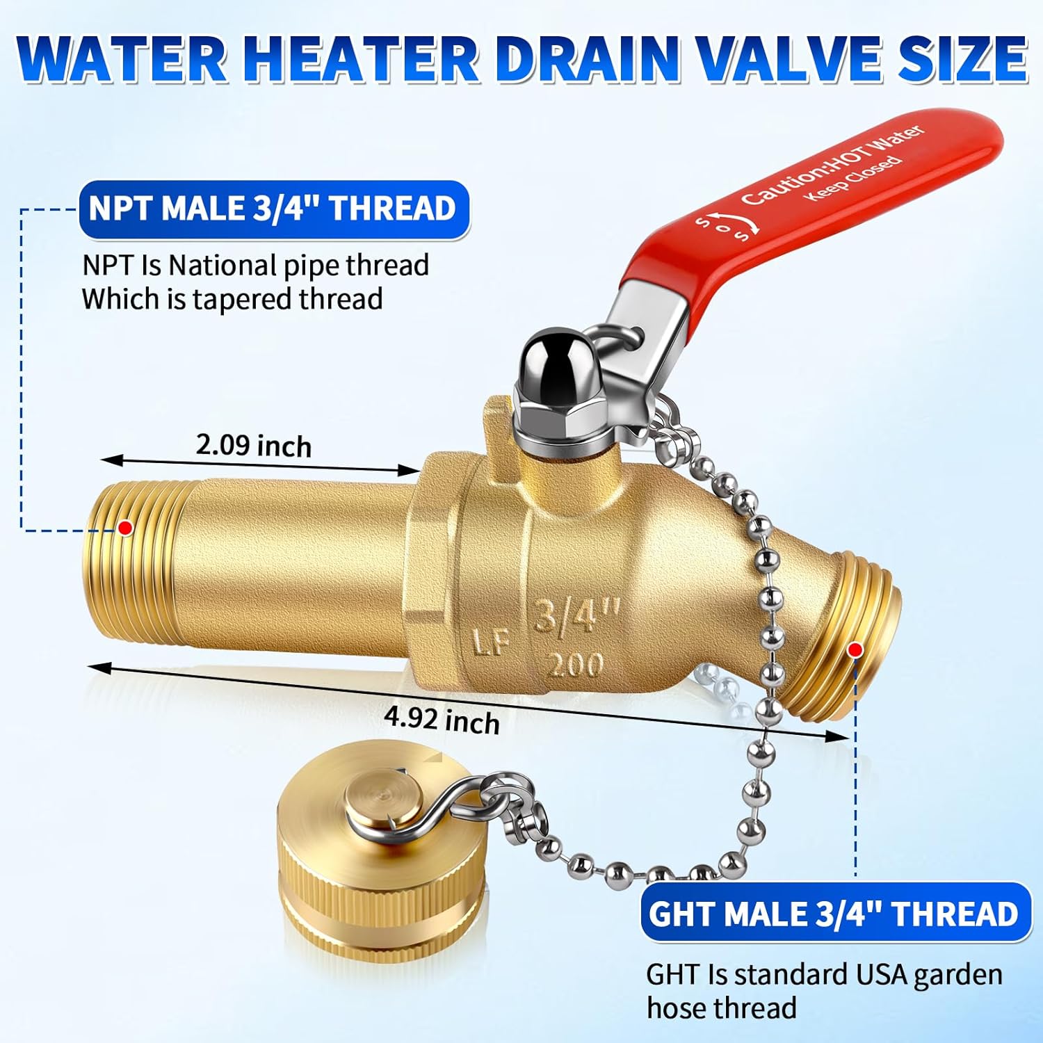 Boltigen Lead-Free Brass Water Heater Drain Valve, 3/4”NPT Inlet x 3/4”GHT Outlet Full Port High Flow Hot Water Heater Tank Drain Valve with 2inch Shank, Long Handle & Anti-Loss Cap (2 inch shank)