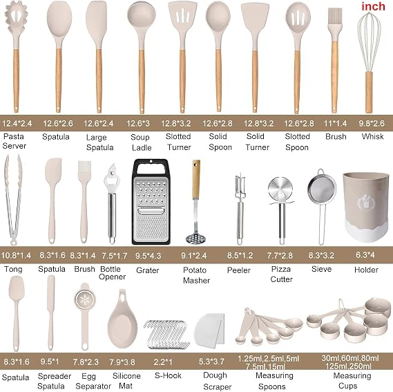 Silicone Kitchen Utensils Set, 46pcs Cooking Utensil Set, Silicone Spatula Set with Holder for Cooking Nonstick Heat Resistant Kitchen Gadgets, Khaki [Energy Class A]