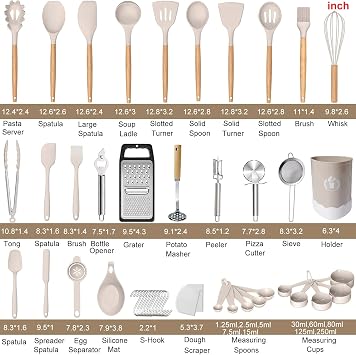 Silicone Kitchen Utensils Set, 46pcs Cooking Utensil Set, Silicone Spatula Set with Holder for Cooking Nonstick Heat Resistant Kitchen Gadgets, Khaki [Energy Class A]