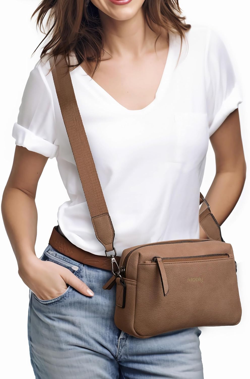 Alldaily Small Triple Zip Crossbody Purse for Women, Vegan Leather Phone Bag with Wide Shoulder Strap - Image 2