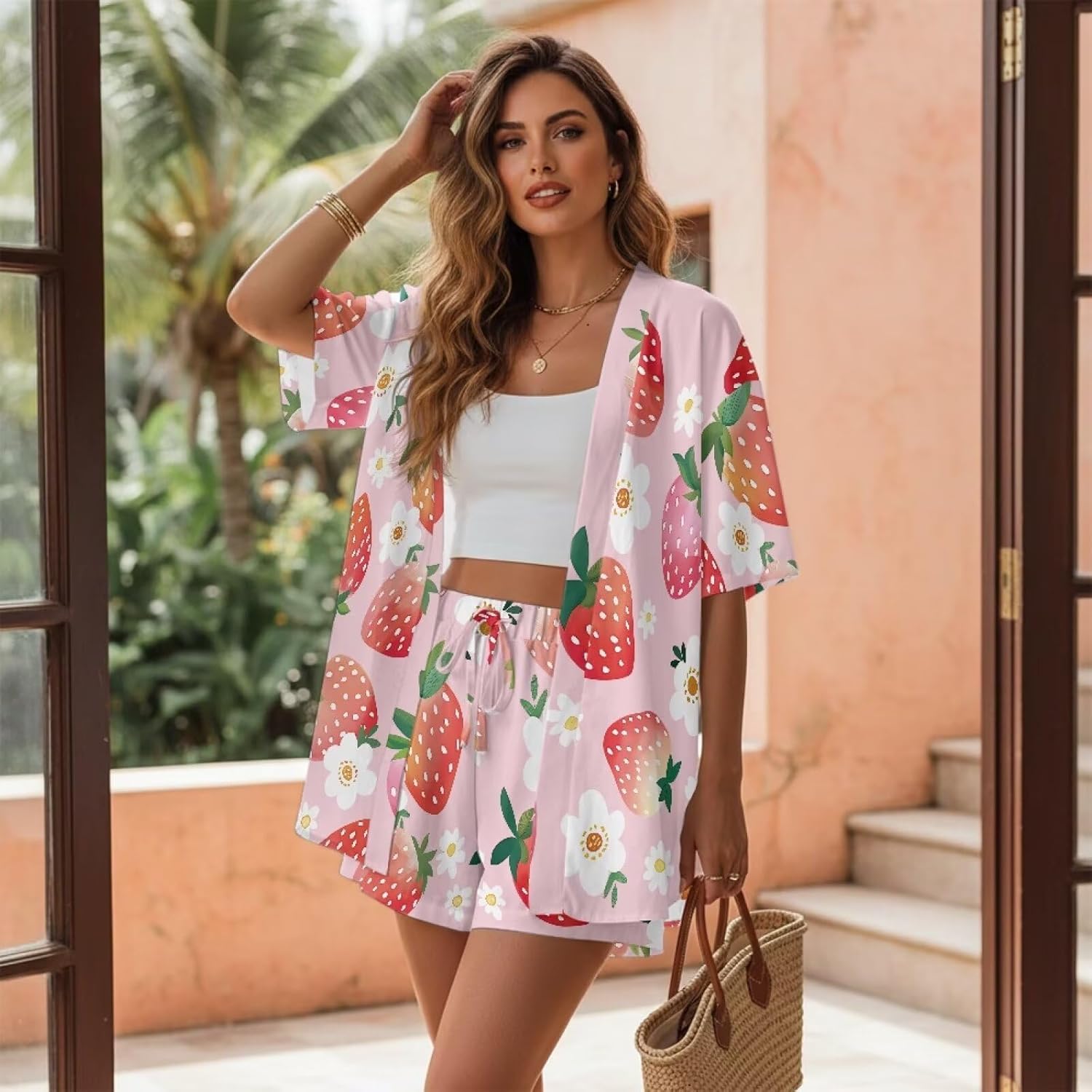 ZFRXIGN Summer Womens 2 Piece Outfits Vacation Kimono Cover up and Drawstring Shorts Set Loose Outfits S-XL