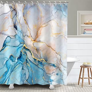 RosieLily Blue Shower Curtain, Marble Shower Curtains Set with 12 Hooks, Watercolor Blue Gold White Shower Curtains, Cool Abstract Marble Bathroom Decor, 72"x72"