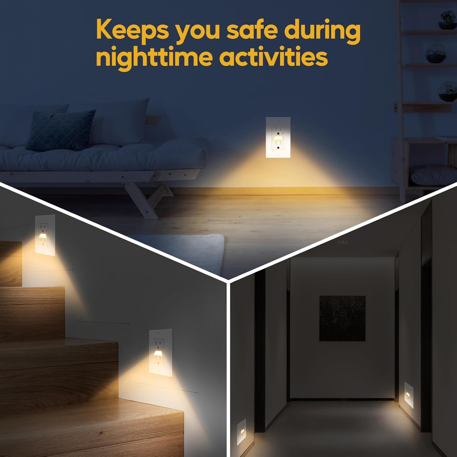 3 Pack 15 Amp Outlet with Auto-Induction LED Night Light, 15A Tamper-Resistant Wall Outlet, ETL Certified, 0.1W Energy-Efficient, Ideal for Hallways, Bedrooms, Kitchens & Home Use