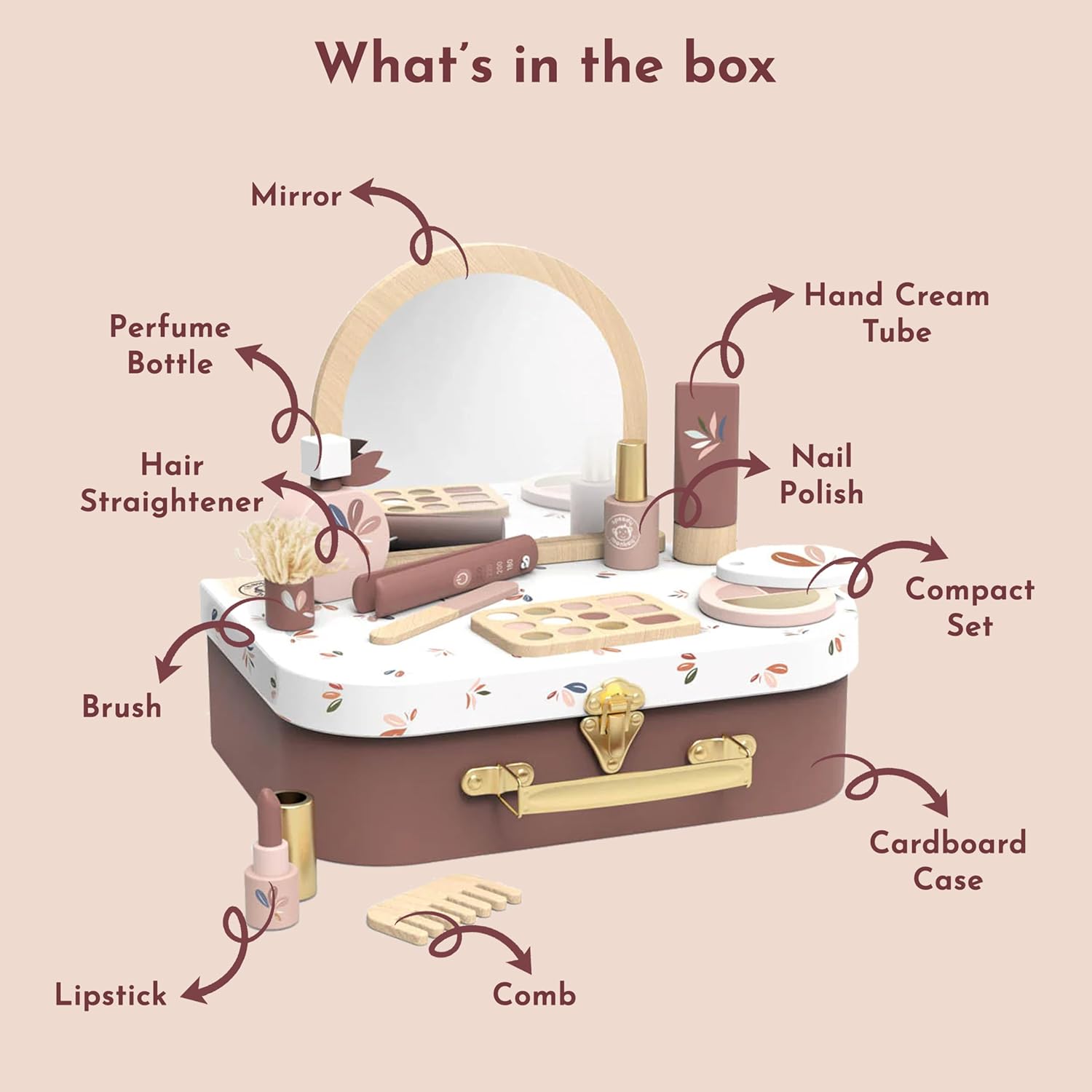 SPEEDY MONKEY Beauty Suitcase for Toddlers 36m+ | Wooden Pretend Play Makeup Kit with 12 Accessories | Kids Imaginative Play Vanity Toy Set | Fake Cosmetics Playset & Roleplay Gift for Girls