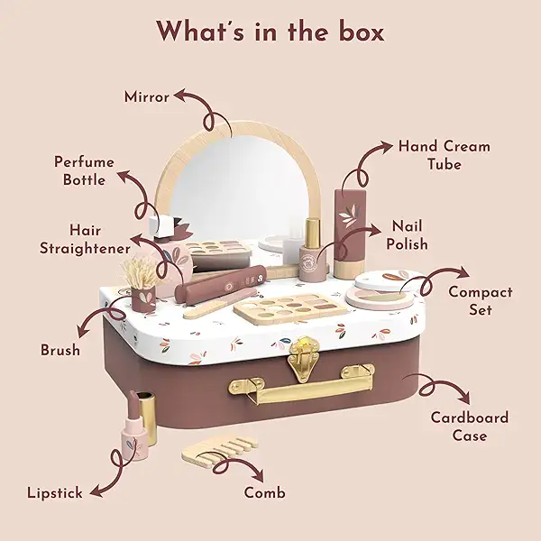 SPEEDY MONKEY Beauty Suitcase for Toddlers 36m+ | Wooden Pretend Play Makeup Kit with 12 Accessories | Kids Imaginative Play Vanity Toy Set | Fake Cosmetics Playset & Roleplay Gift for Girls 3