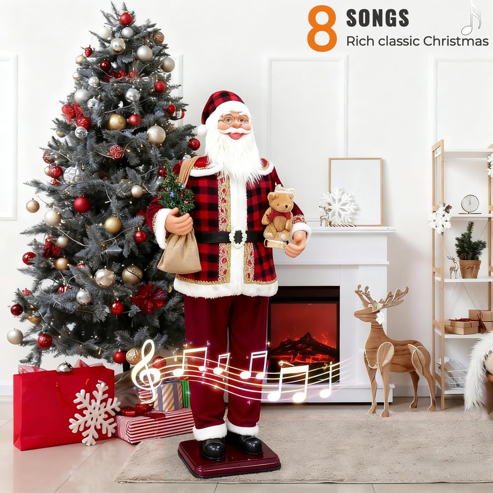 Figura de peluche animada de Papá Noel de tamaño real, 4 pies con luces y música, decoración navideña para interiores